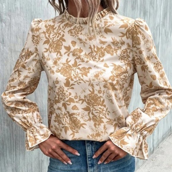 , Tops - Boho floral long flounced sleeved  Blouse top tan